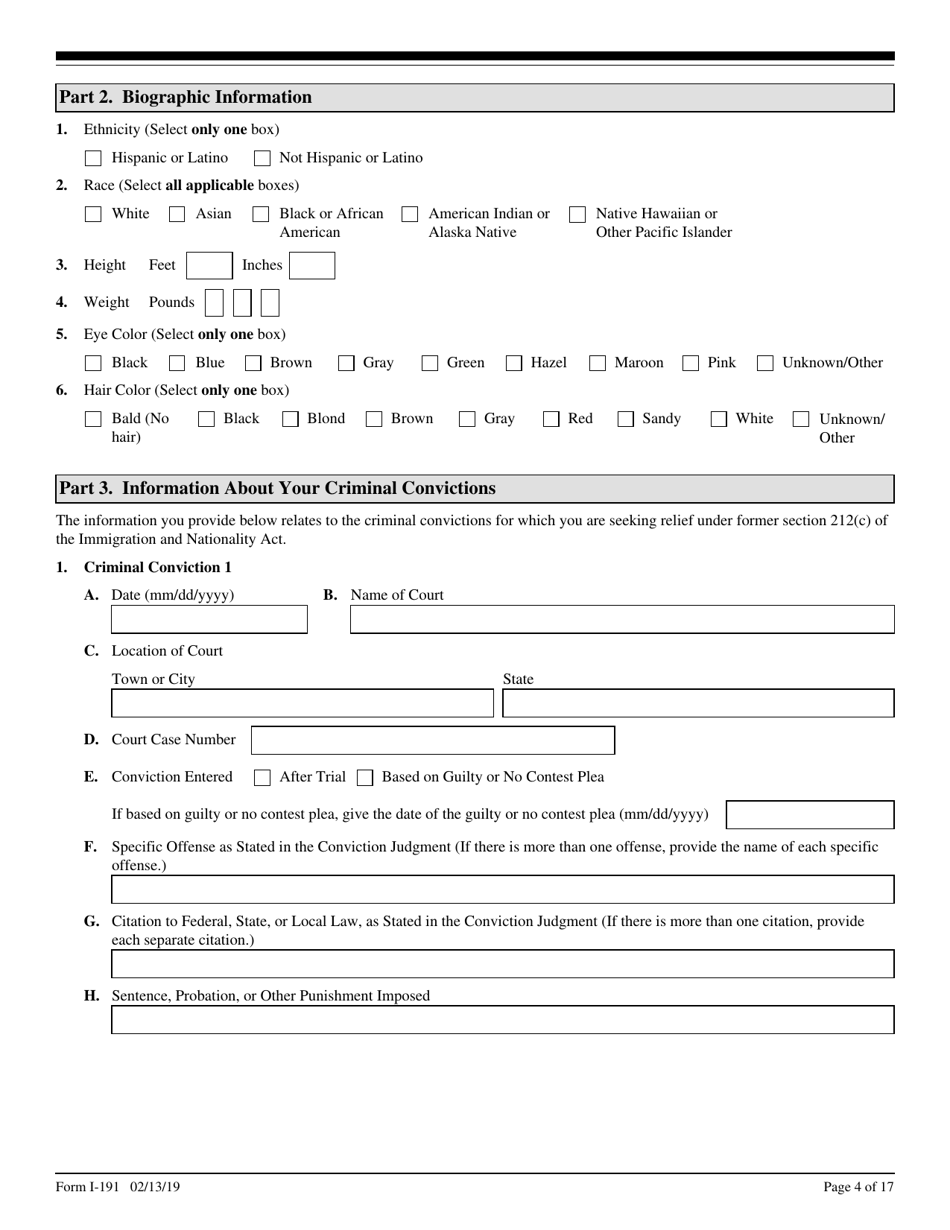 USCIS Form I-191 Application for Relief Under Former Section 212(C) of the Immigration and Nationality Act (Ina), Page 4