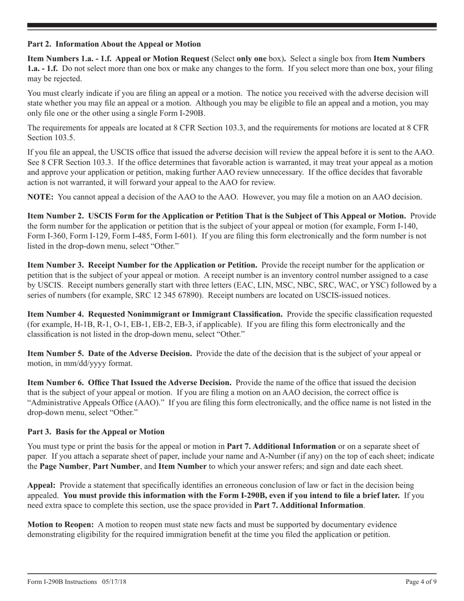 Instructions for USCIS Form I-290B Notice of Appeal or Motion, Page 4