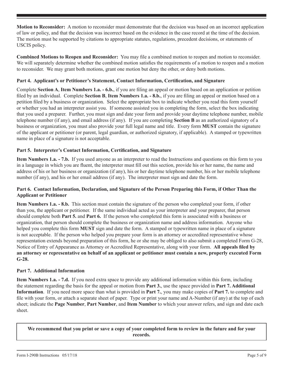 Instructions for USCIS Form I-290B Notice of Appeal or Motion, Page 5