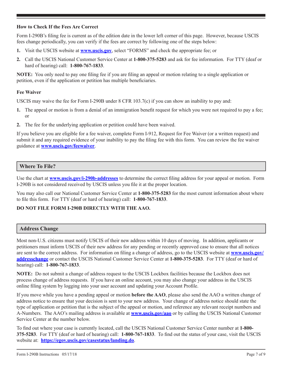 Download Instructions for USCIS Form I290B Notice of Appeal or Motion