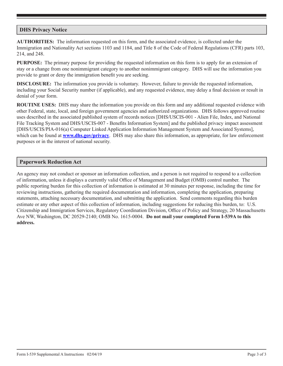 Instructions for USCIS Form I-539A Supplemental Information for Application to Extend / Change Nonimmigrant Status, Page 3