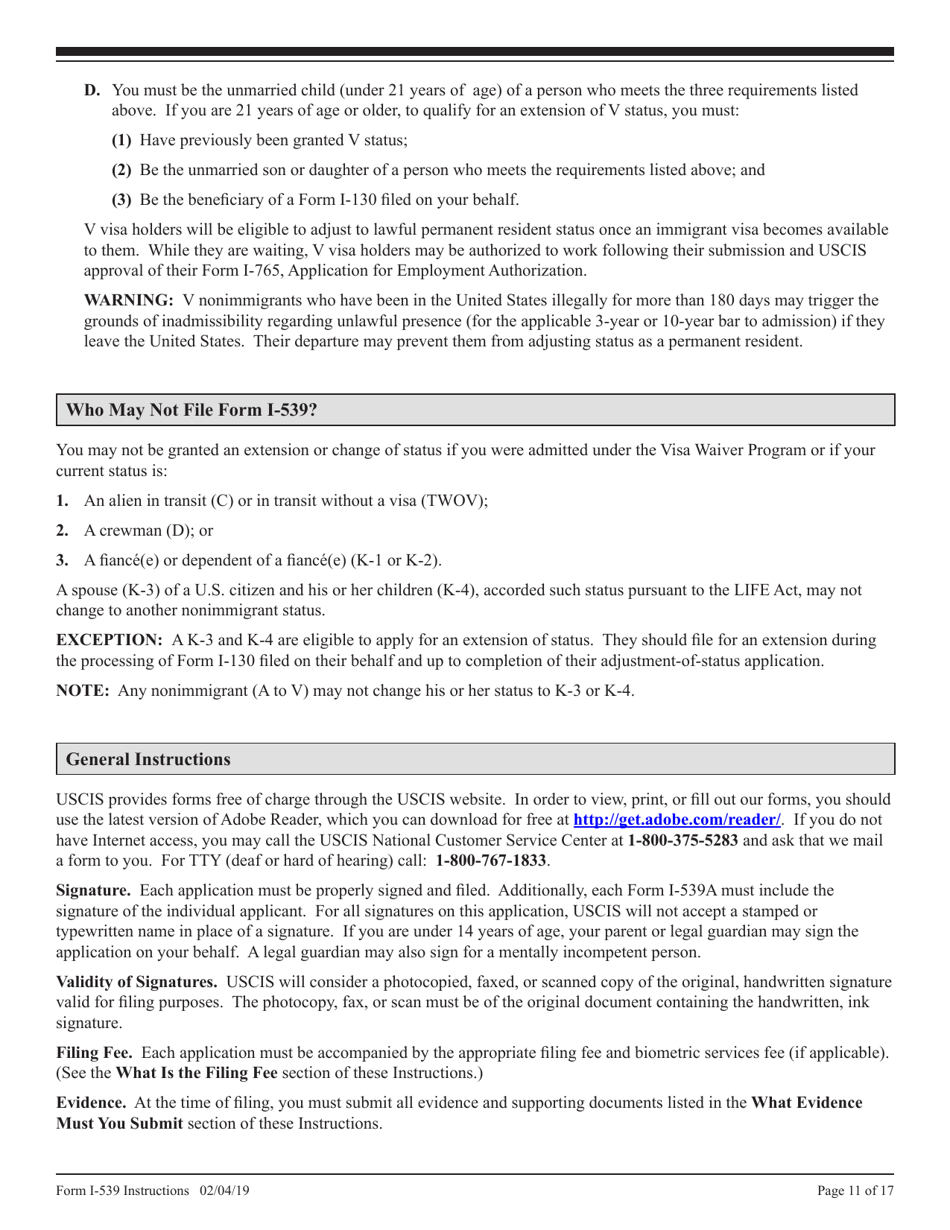 Instructions for USCIS Form I-539 Application to Extend / Change Nonimmigrant Status, Page 11