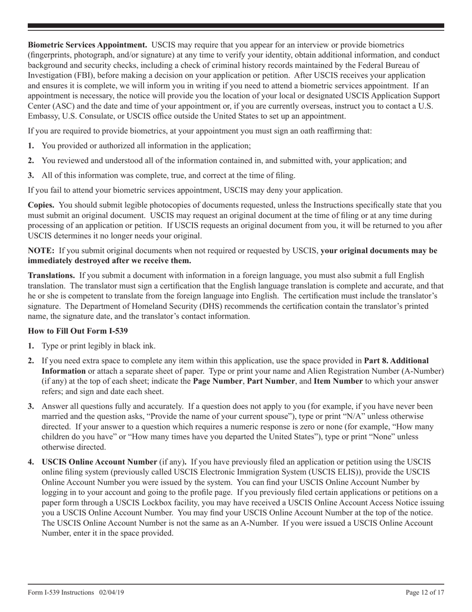 Instructions for USCIS Form I-539 Application to Extend / Change Nonimmigrant Status, Page 12