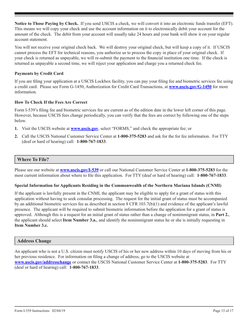 Instructions for USCIS Form I-539 Application to Extend / Change Nonimmigrant Status, Page 15