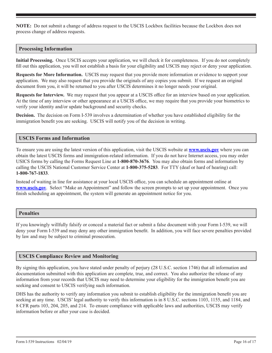 Instructions for USCIS Form I-539 Application to Extend / Change Nonimmigrant Status, Page 16