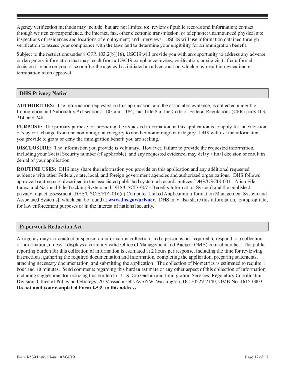 Instructions for USCIS Form I-539 Application to Extend / Change Nonimmigrant Status, Page 17