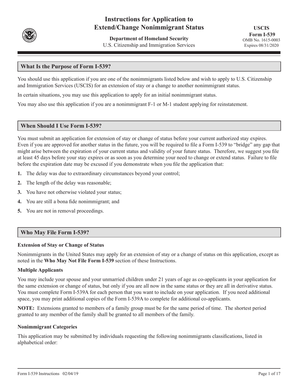 Instructions for USCIS Form I-539 Application to Extend / Change Nonimmigrant Status, Page 1