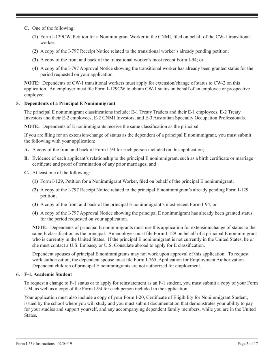 Instructions for USCIS Form I-539 Application to Extend / Change Nonimmigrant Status, Page 3