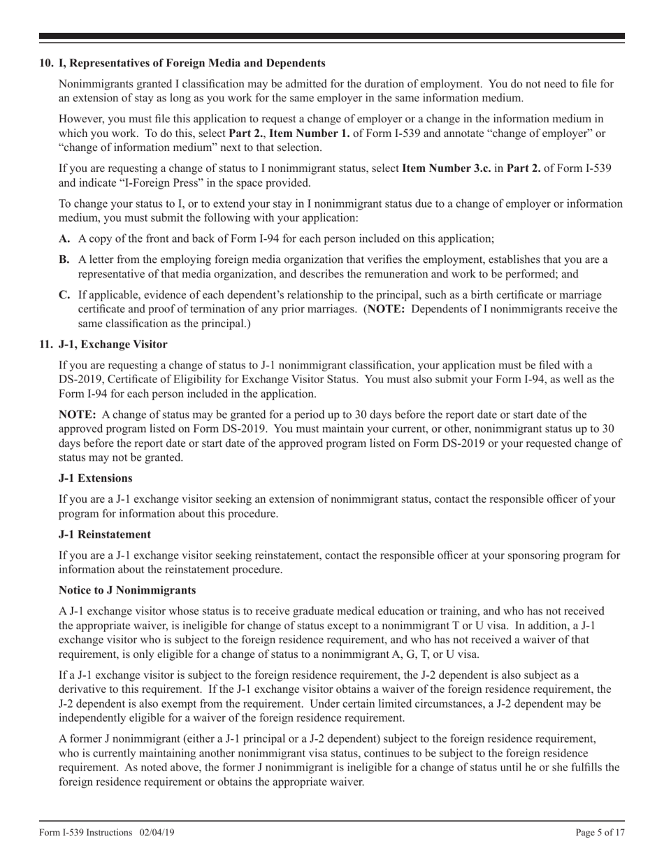 Instructions for USCIS Form I-539 Application to Extend / Change Nonimmigrant Status, Page 5