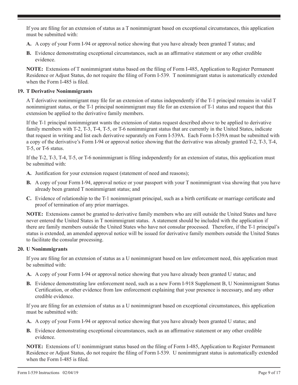 Instructions for USCIS Form I-539 Application to Extend / Change Nonimmigrant Status, Page 9
