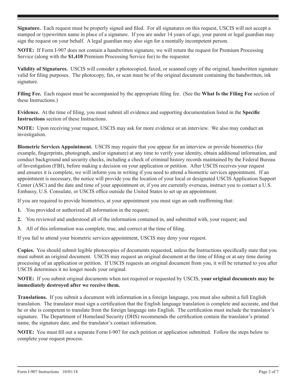 Instructions for USCIS Form I-907 Request for Premium Processing Service, Page 2
