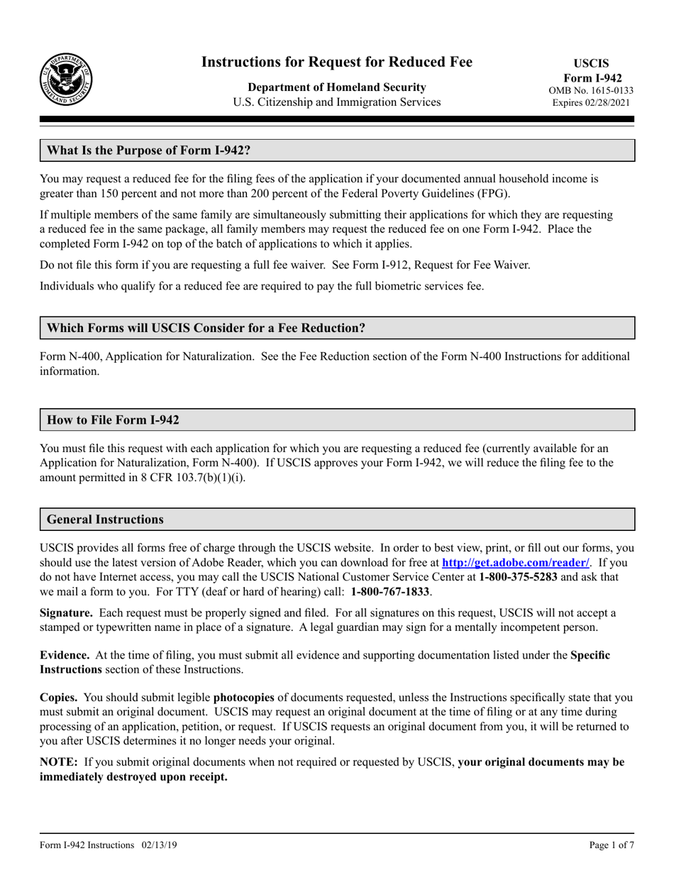 Instructions for USCIS Form I-942 Request for Reduced Fee, Page 1
