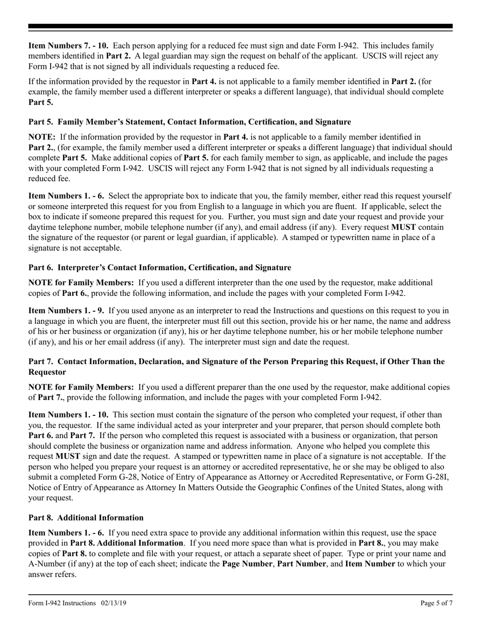Instructions for USCIS Form I-942 Request for Reduced Fee, Page 5