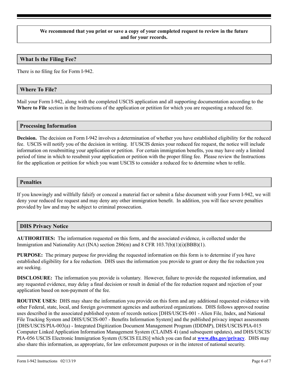 Instructions for USCIS Form I-942 Request for Reduced Fee, Page 6