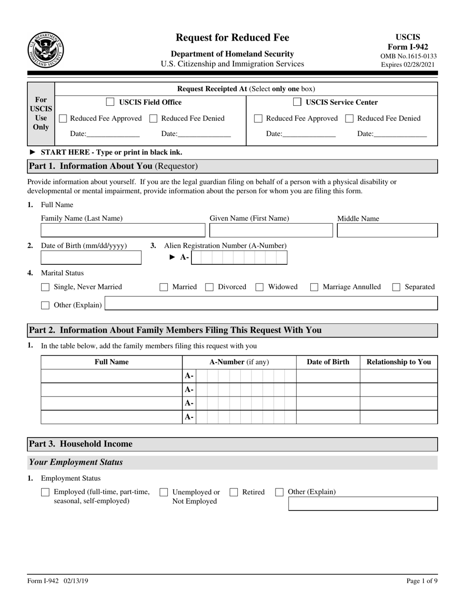 USCIS Form I-942 Request for Reduced Fee, Page 1