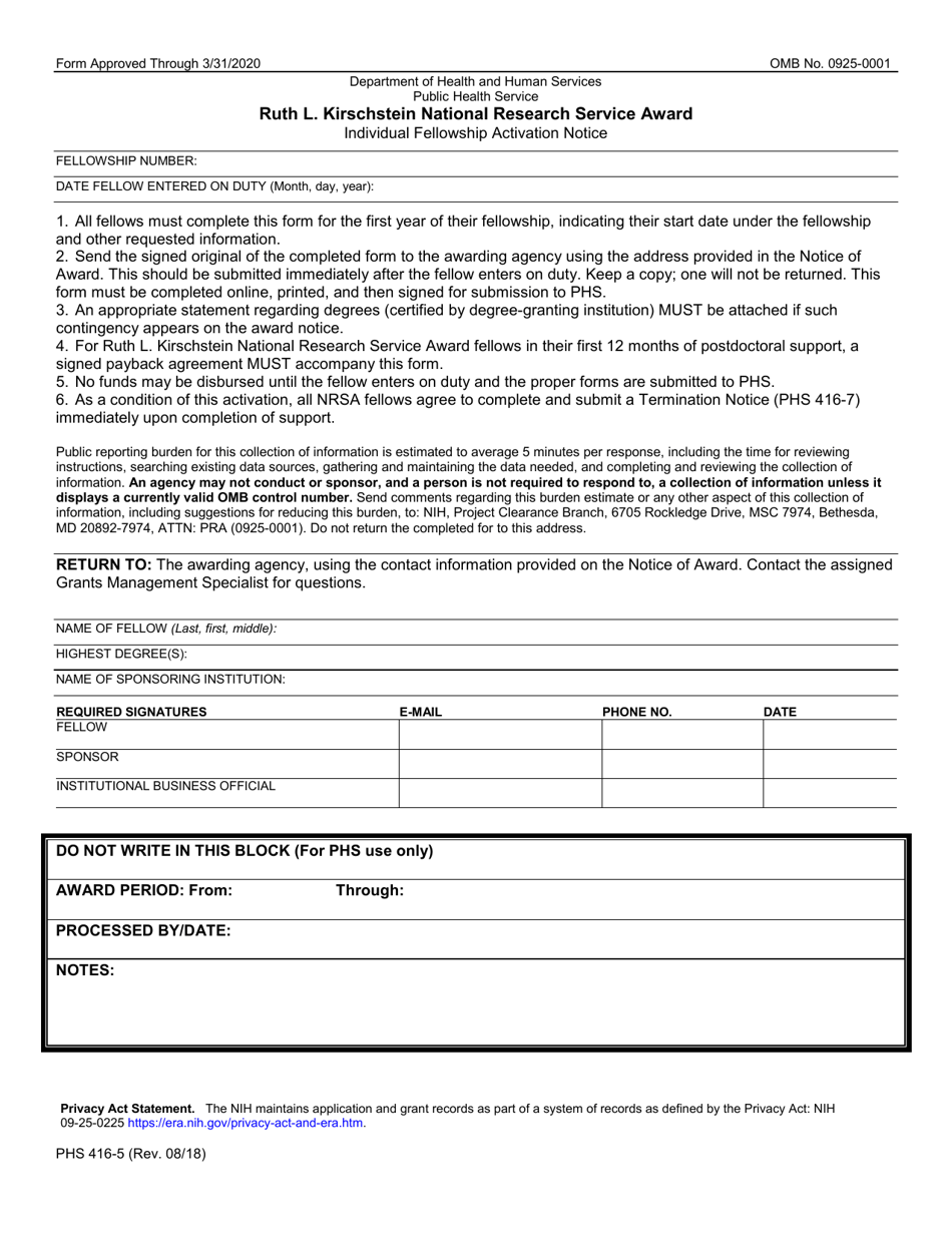 Form PHS-416-5 Ruth L. Kirschstein National Research Service Award Individual Fellowship Activation Notice, Page 1