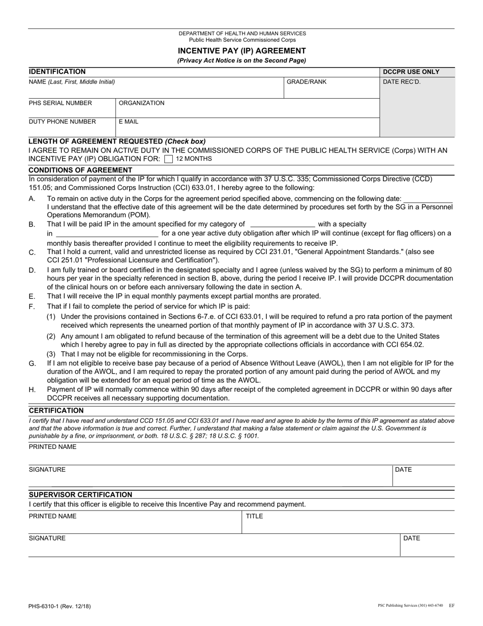 Form PHS-6310-1 Incentive Pay (Ip) Agreement, Page 1