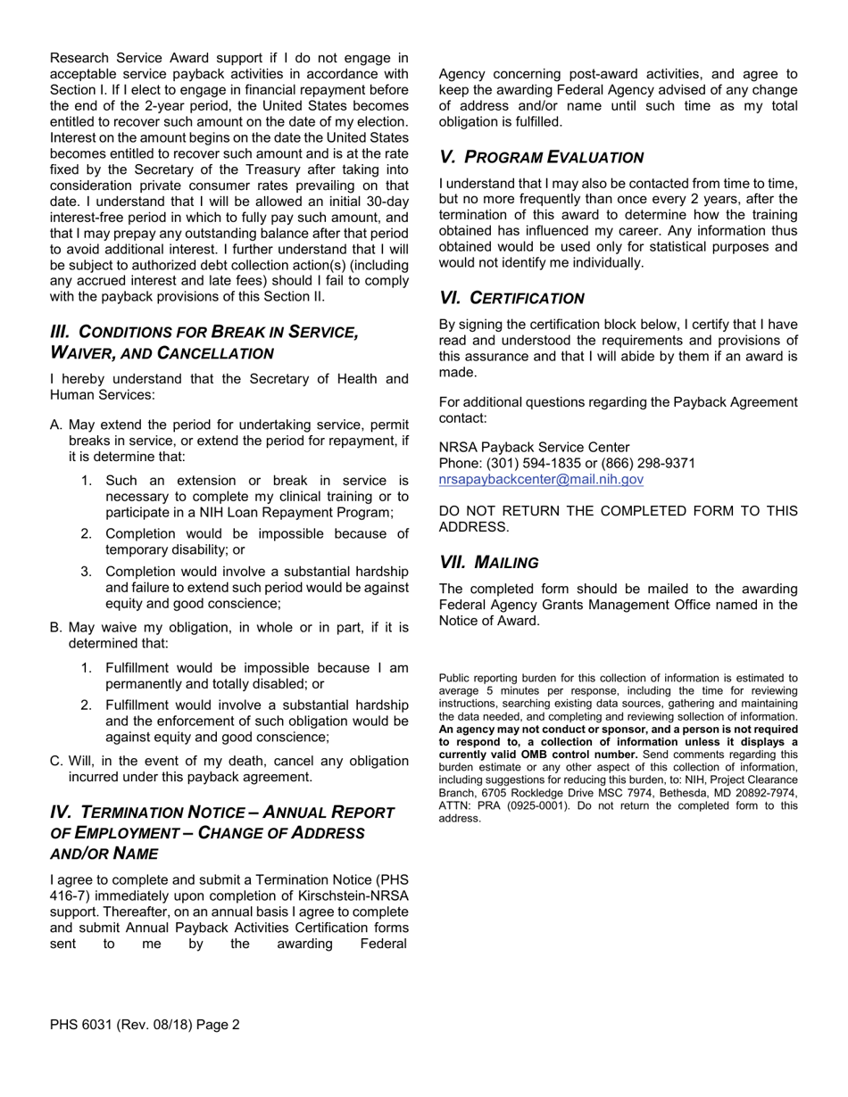 Form PHS6031 Ruth L. Kirschstein National Research Service Award Payback Agreement, Page 2
