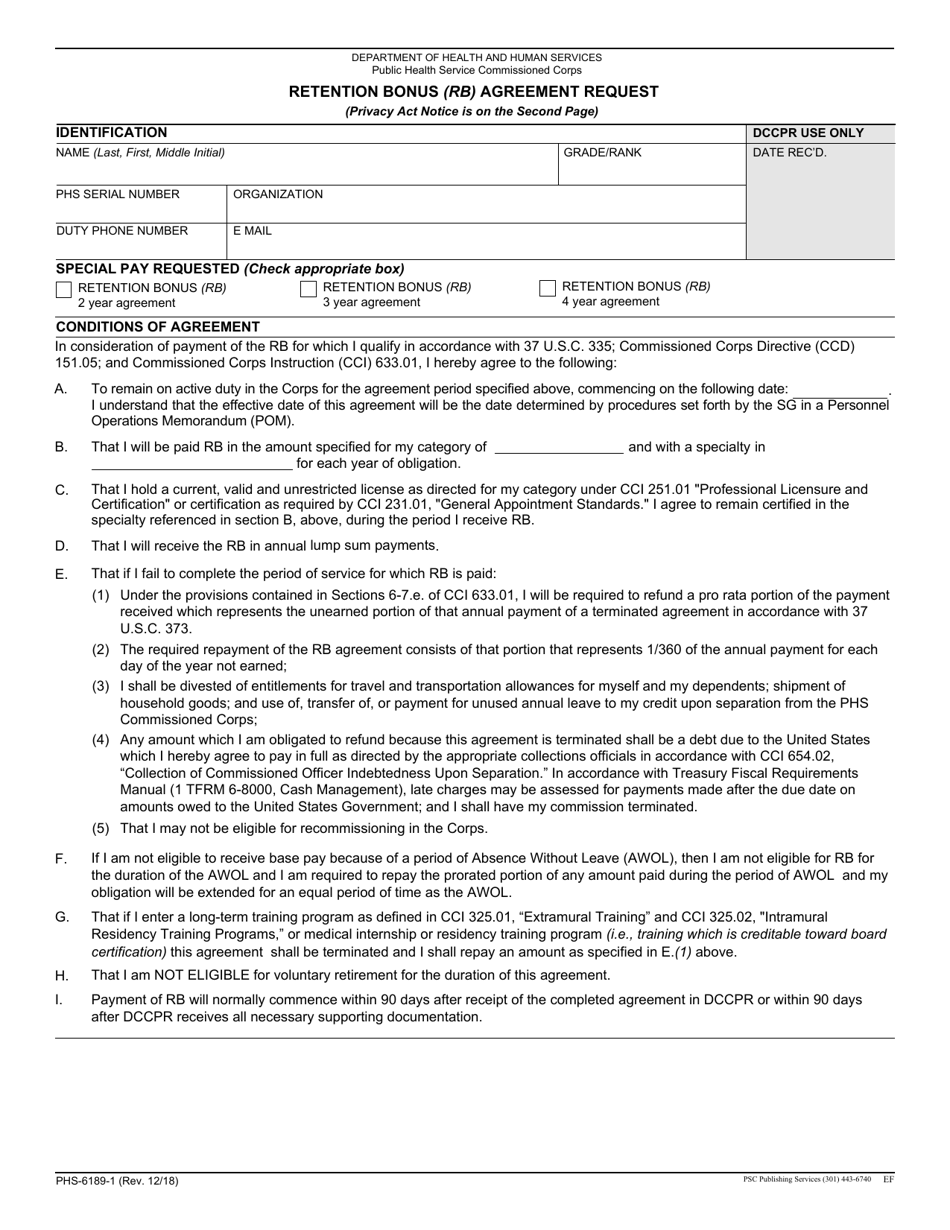 Form PHS-6189-1 Retention Bonus (Rb) Agreement Request, Page 1