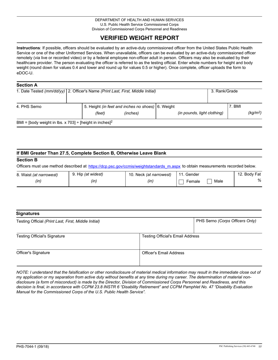 Form PHS-7044-1 Verified Weight Report, Page 1