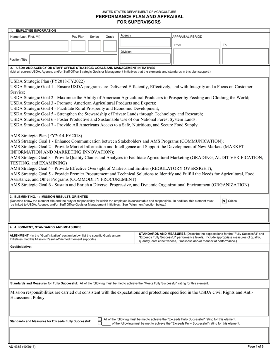 Form AD-435S Performance Plan and Appraisal for Supervisors, Page 1