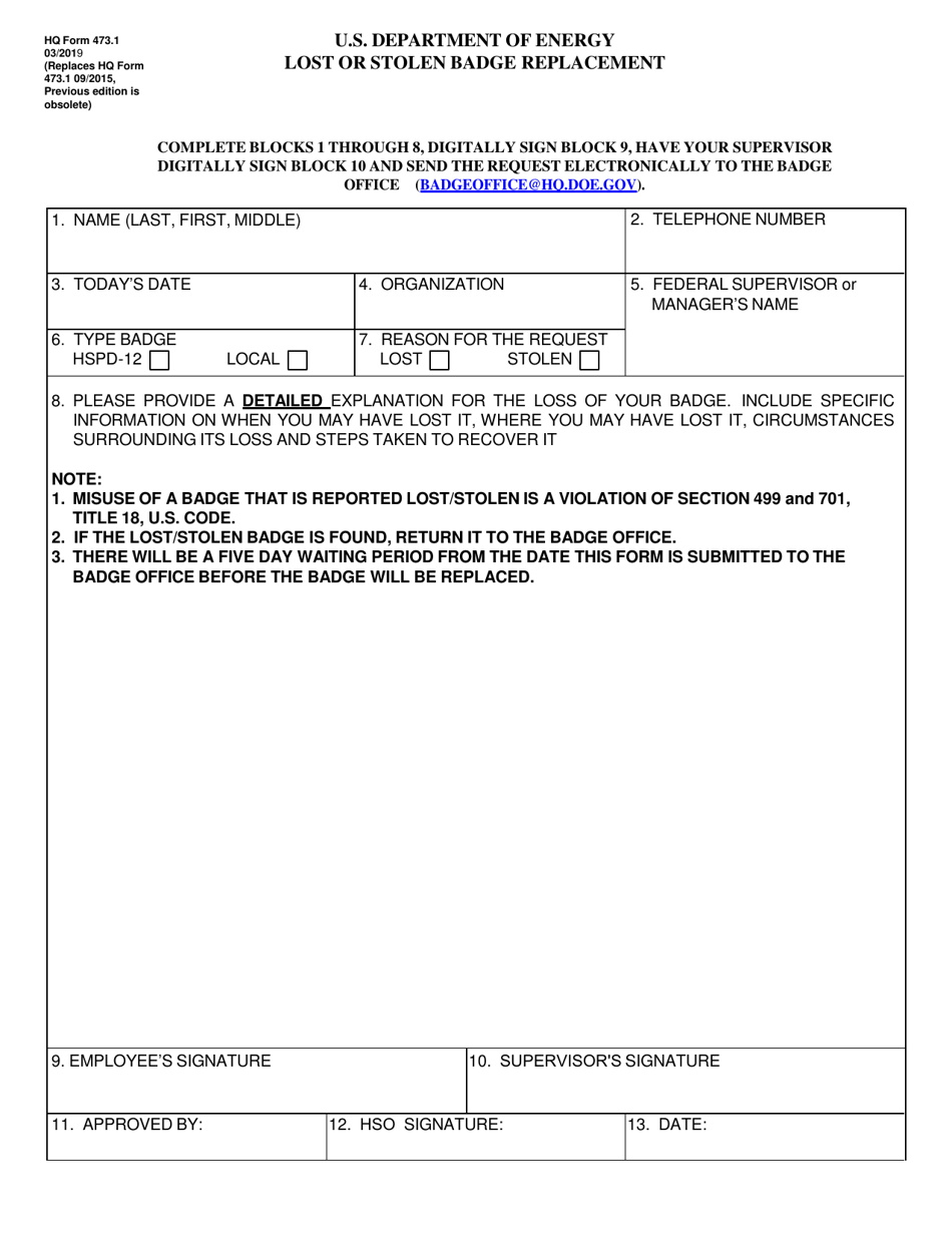 HQ Form 473.1 Lost or Stolen Badge Replacement, Page 1