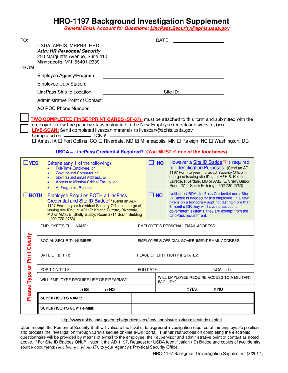 Form HRO-1197 Background Investigation Supplement, Page 1