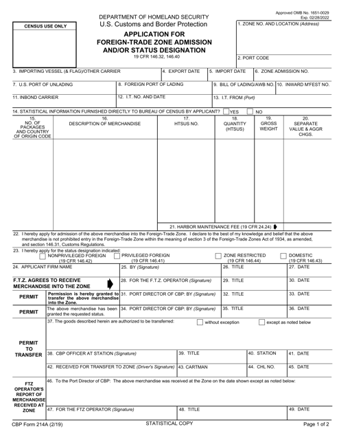 CBP Form 214A  Printable Pdf