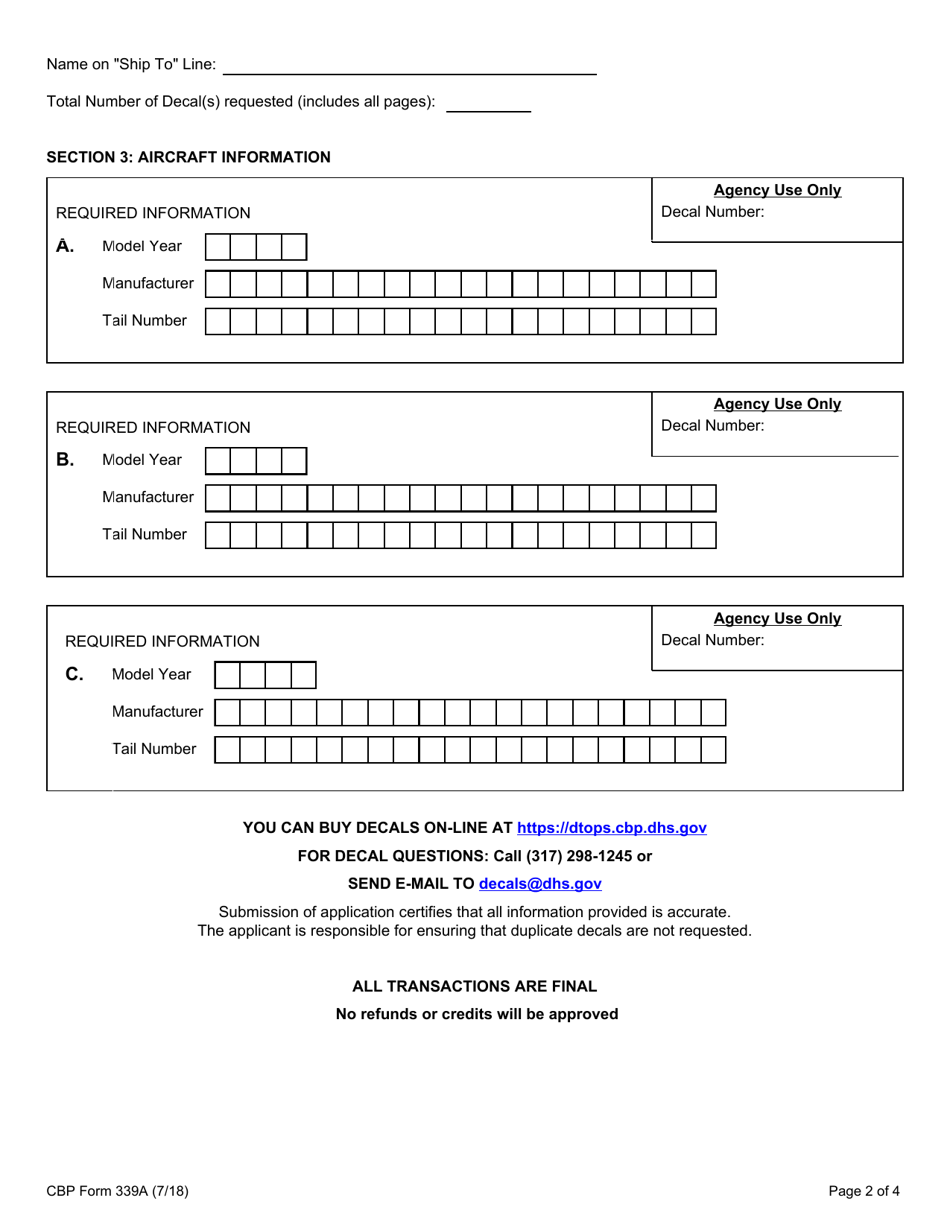 CBP Form 339A Annual User Fee Decal Request - Aircraft, Page 2