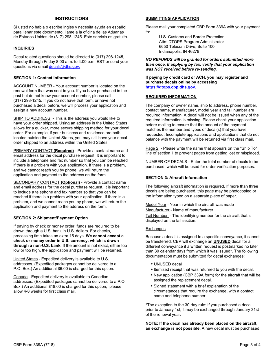 CBP Form 339A Annual User Fee Decal Request - Aircraft, Page 3