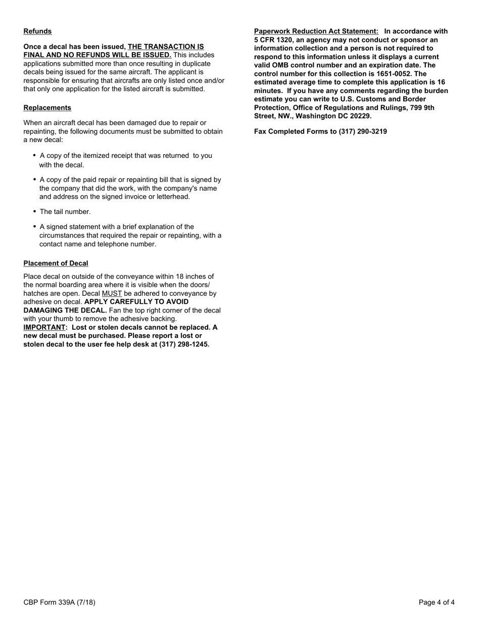 CBP Form 339A Annual User Fee Decal Request - Aircraft, Page 4