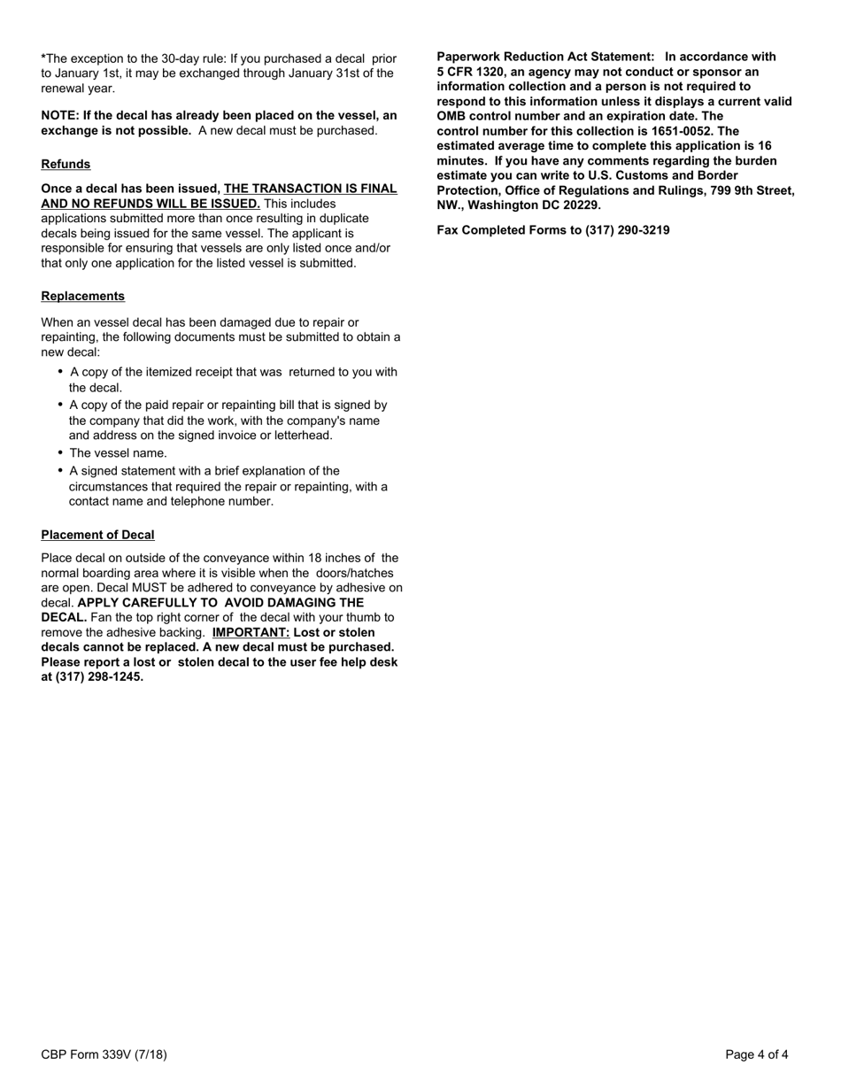 CBP Form 339V Annual User Fee Decal Request - Vessel, Page 4
