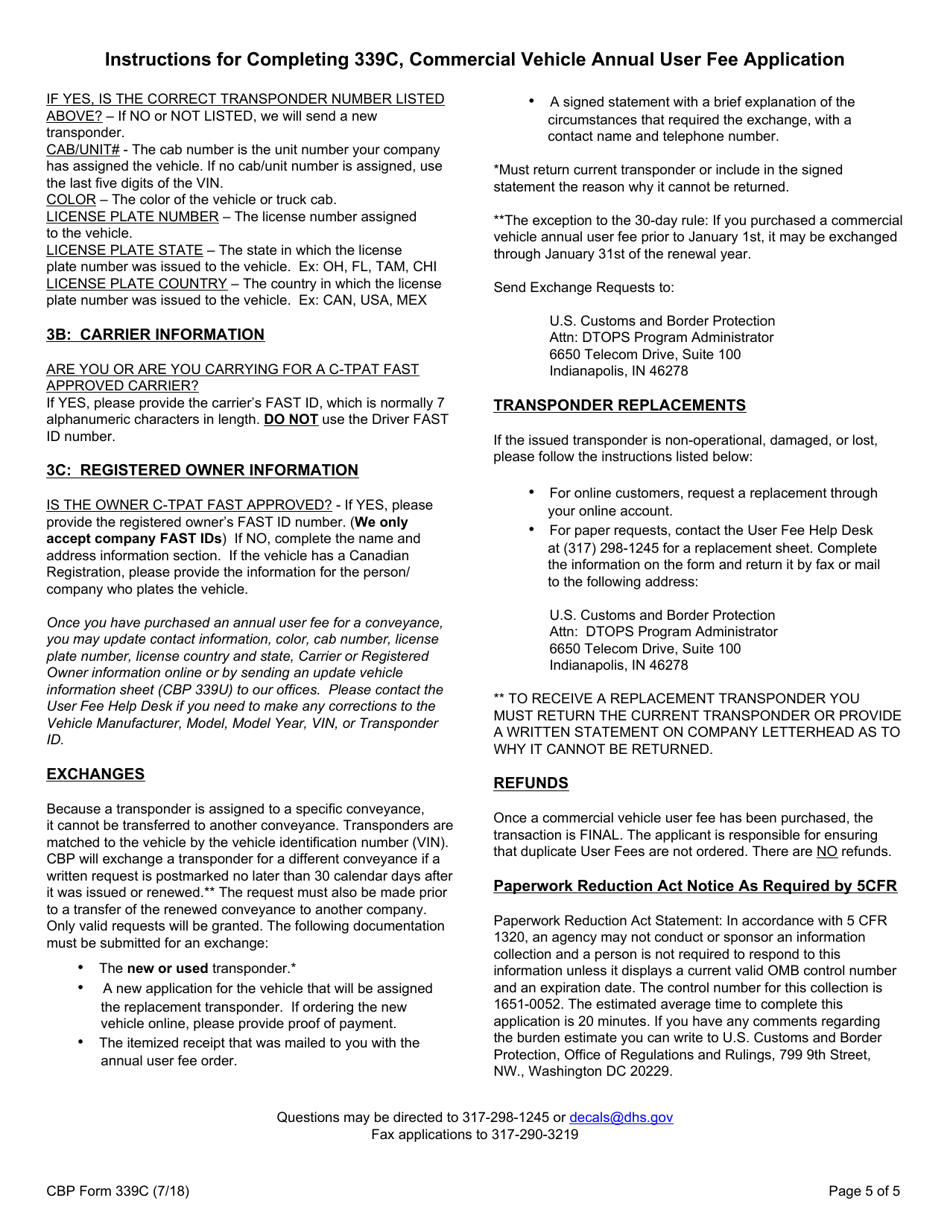 CBP Form 339C Vehicle Application, Page 5