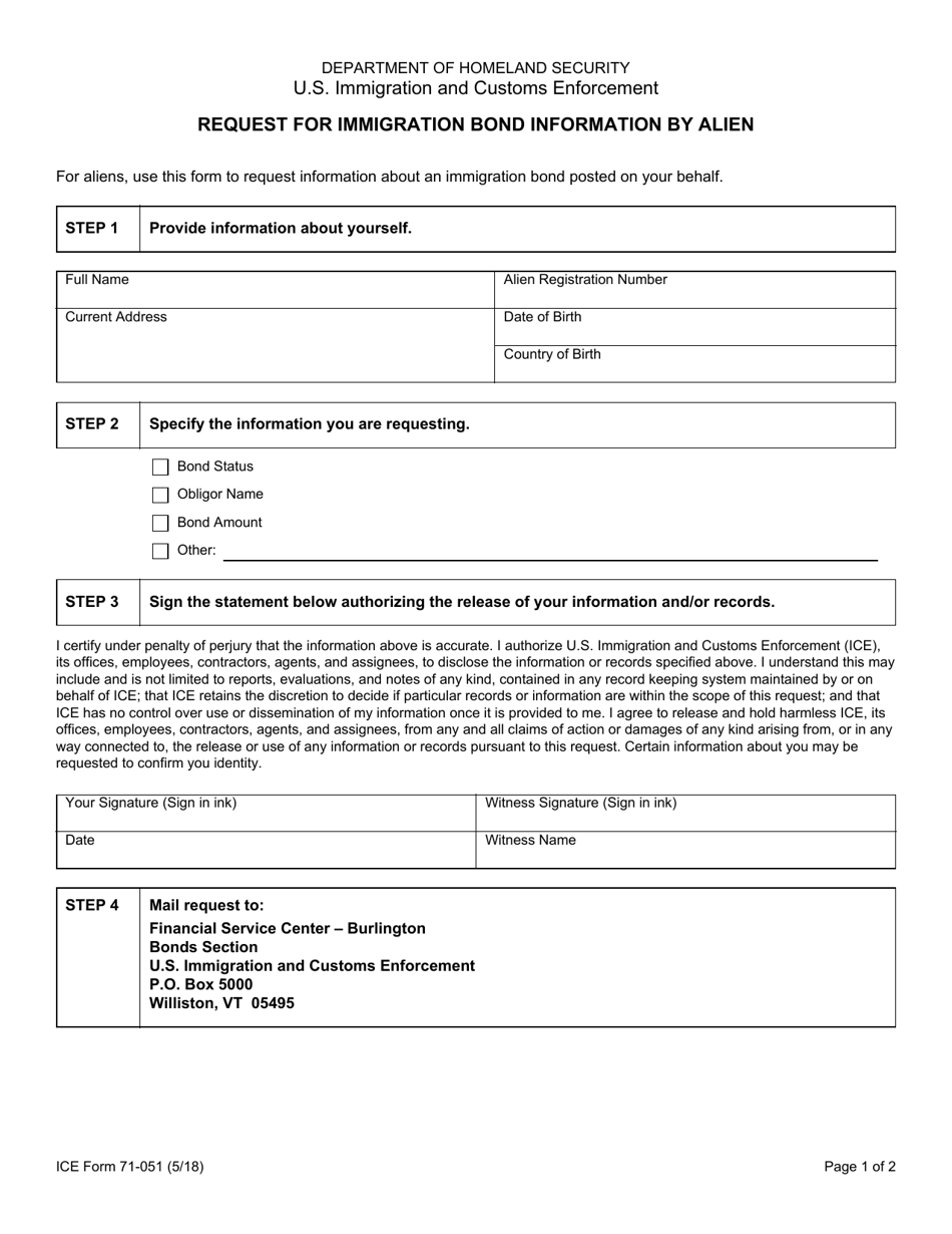 ICE Form 71-051 Request for Immigration Bond Information by Alien, Page 1