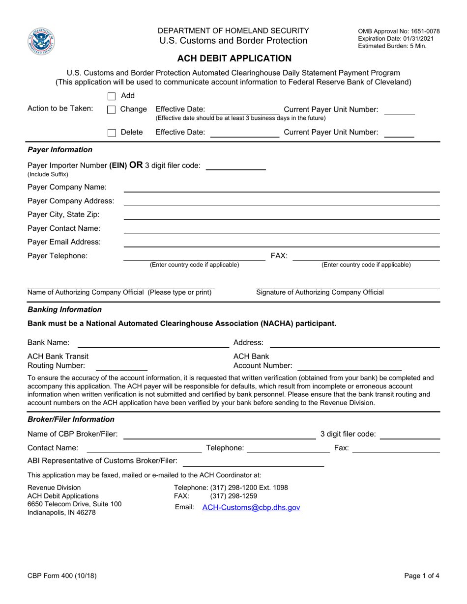 CBP Form 400 ACH Debit Application, Page 1