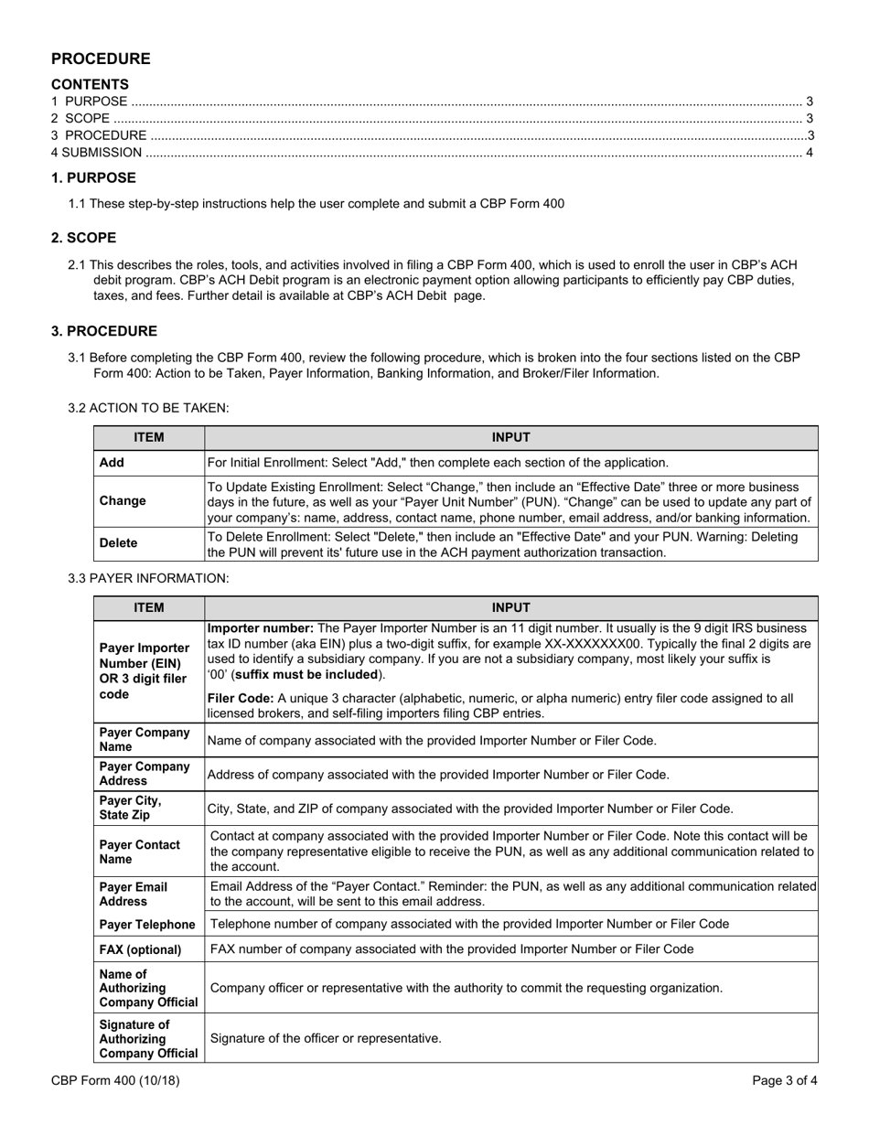 CBP Form 400 ACH Debit Application, Page 3