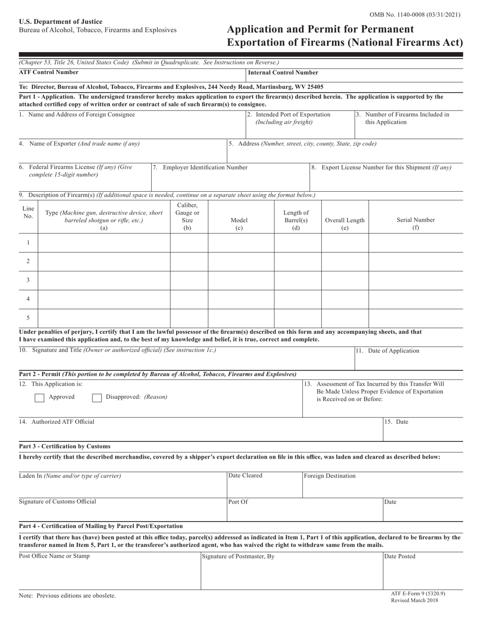 ATF Form 9 (5320.9) Application and Permit for Permanent Exportation of Firearms (National Firearms Act), Page 1