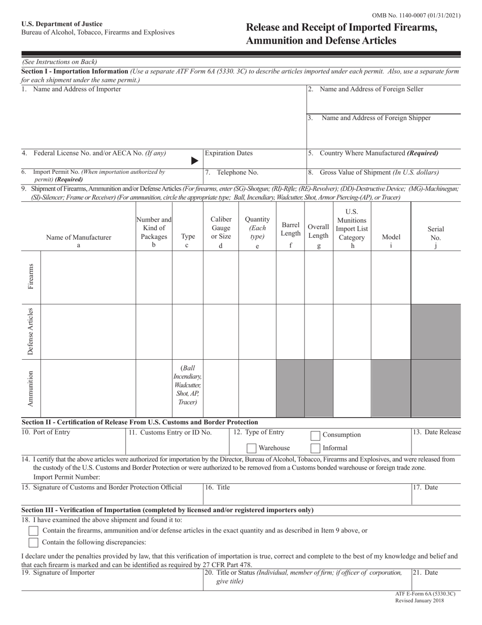 ATF Form 5330.3C (6A) Release and Receipt of Imported Firearms, Ammunition and Defense Articles, Page 1
