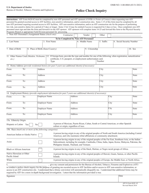 ATF Form 8620.42 Police Check Inquiry