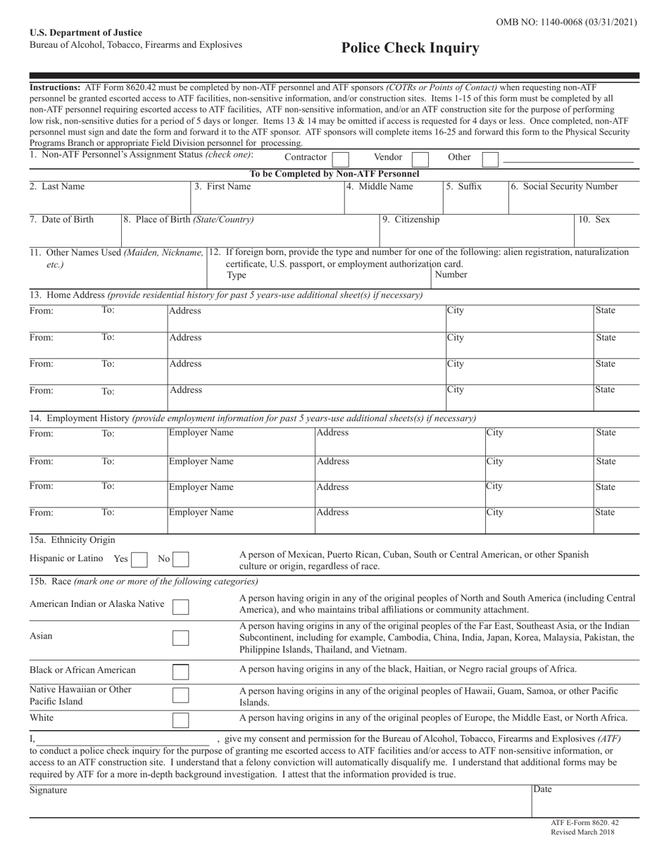 ATF Form 8620.42 Police Check Inquiry, Page 1