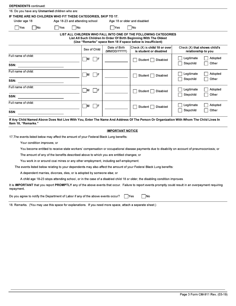 Form CM-911 Miners Claim for Benefits Under the Black Lung Benefits Act, Page 3