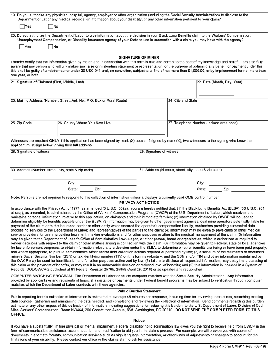 Form CM-911 Miners Claim for Benefits Under the Black Lung Benefits Act, Page 4