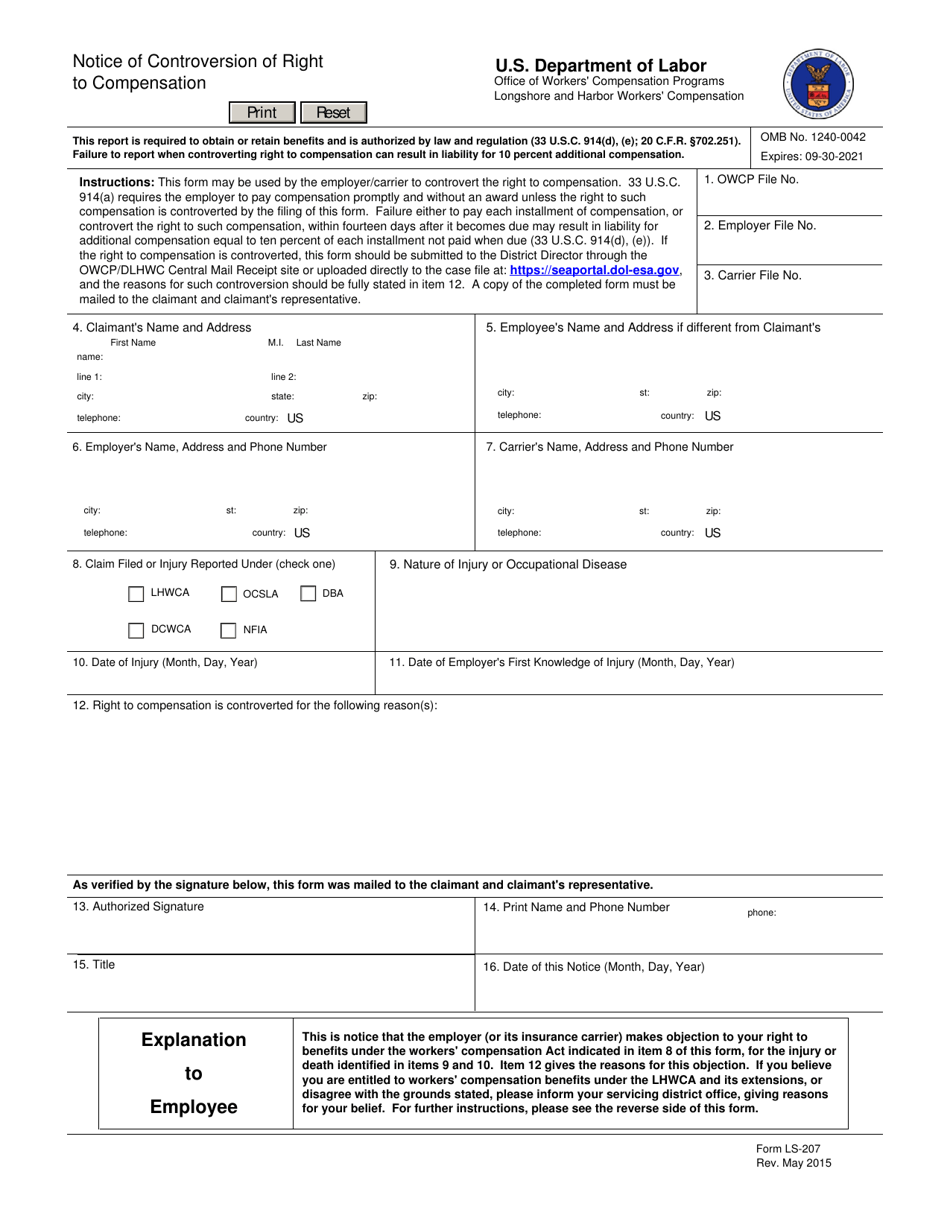 Form LS-207 Notice of Controversion of Right to Compensation, Page 1