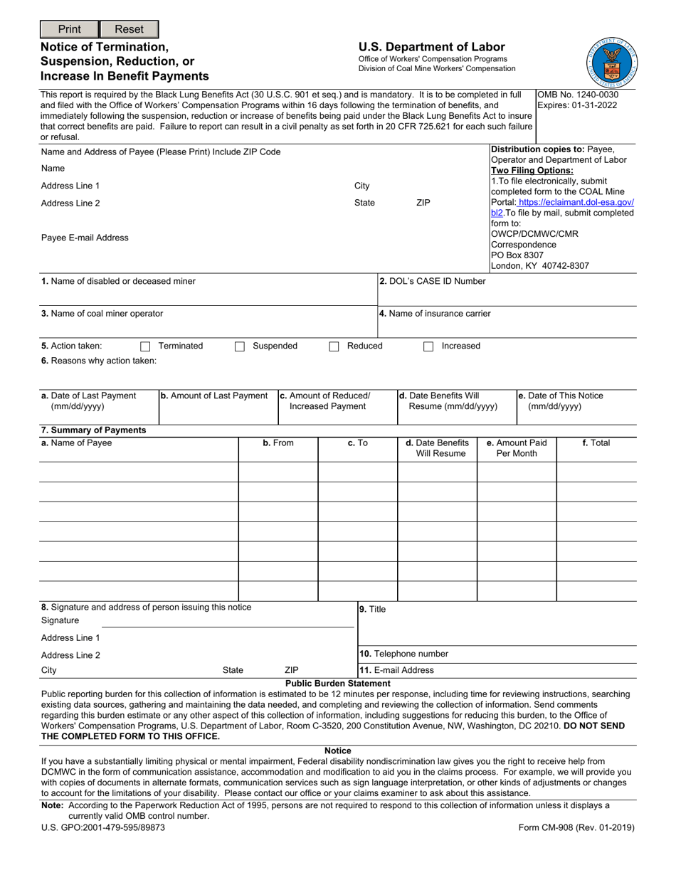 Form CM-908 Notice of Termination, Suspension, Reduction, or Increase in Benefit Payments, Page 1