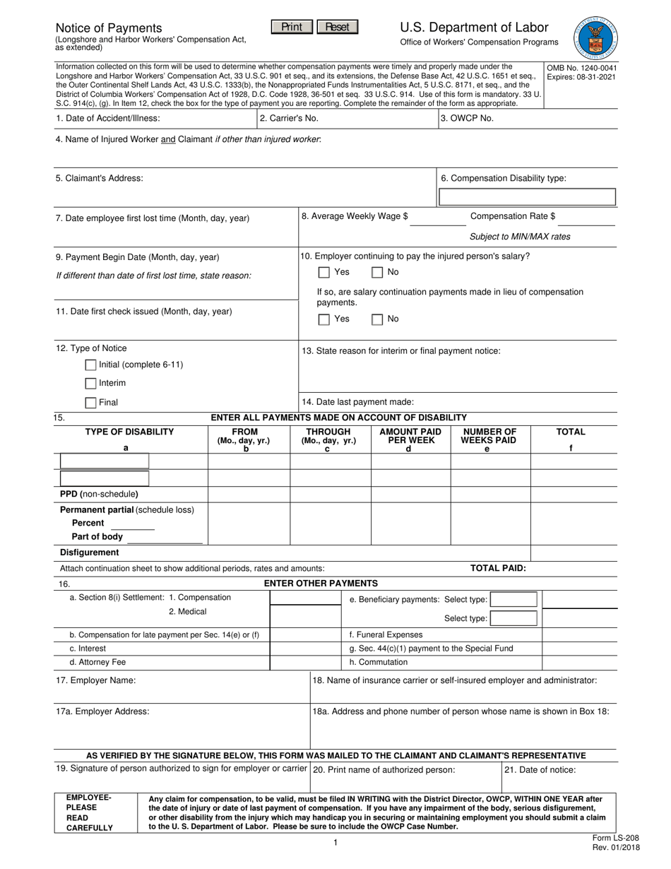 Form LS-208 Notice of Payments, Page 1