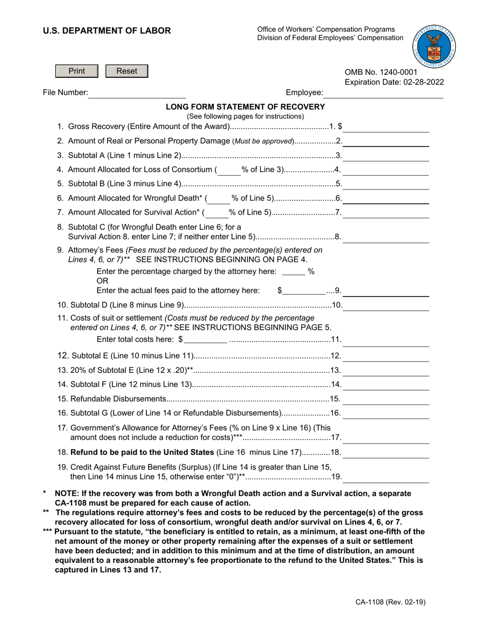 Form CA-1108 Long Form Statement of Recovery, Page 1