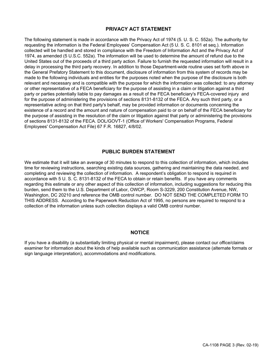 Form CA-1108 Long Form Statement of Recovery, Page 3