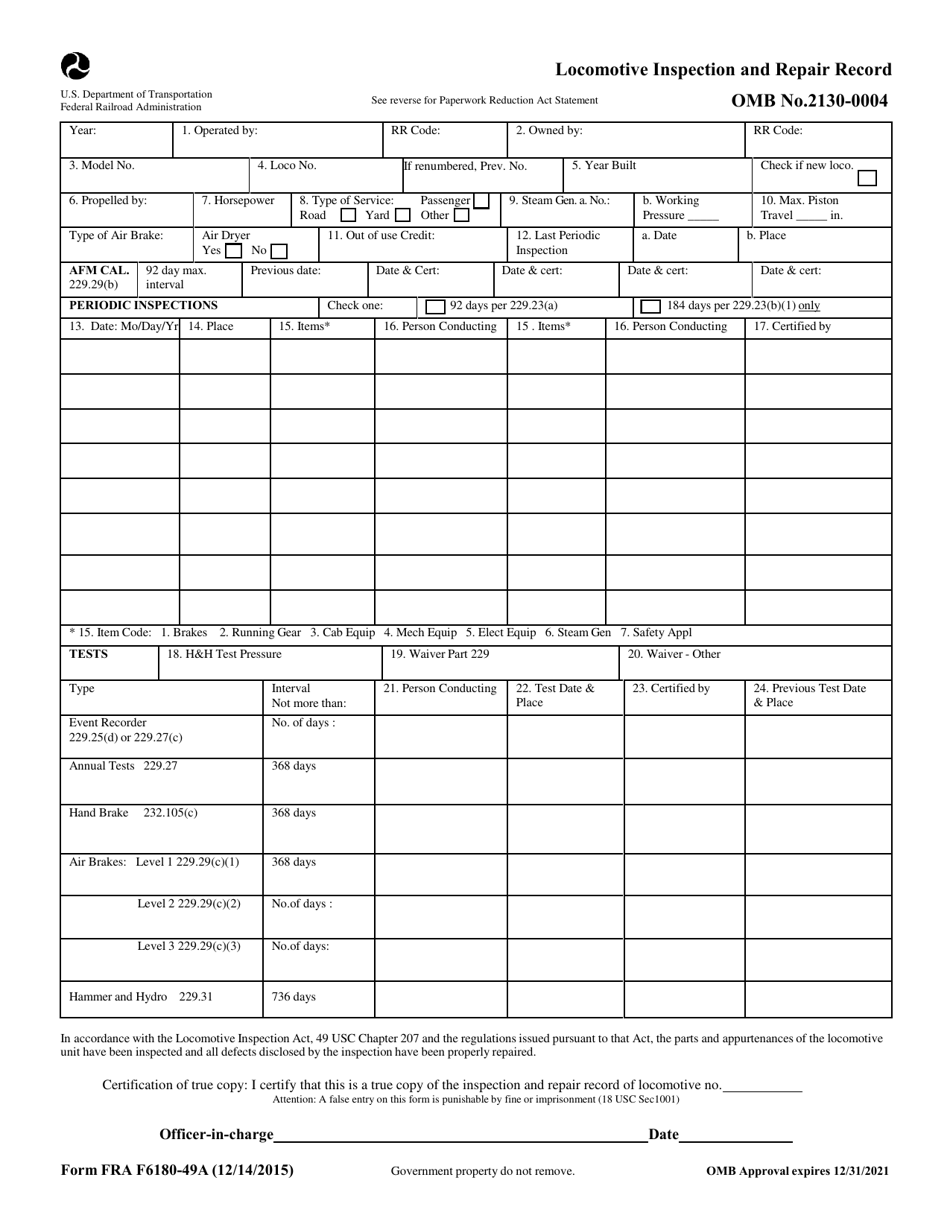 FRA Form F6180-49A Locomotive Inspection and Repair Record, Page 1