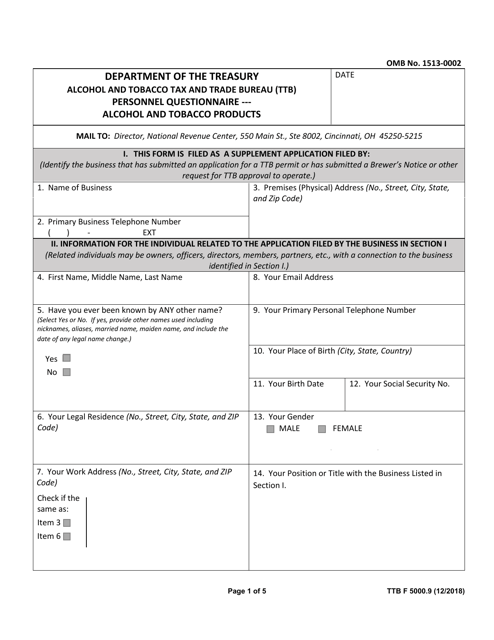 TTB Form 5000.9 Personnel Questionnaire - Alcohol and Tobacco Products