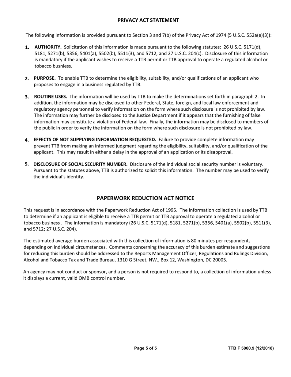 TTB Form 5000.9 Personnel Questionnaire - Alcohol and Tobacco Products, Page 5